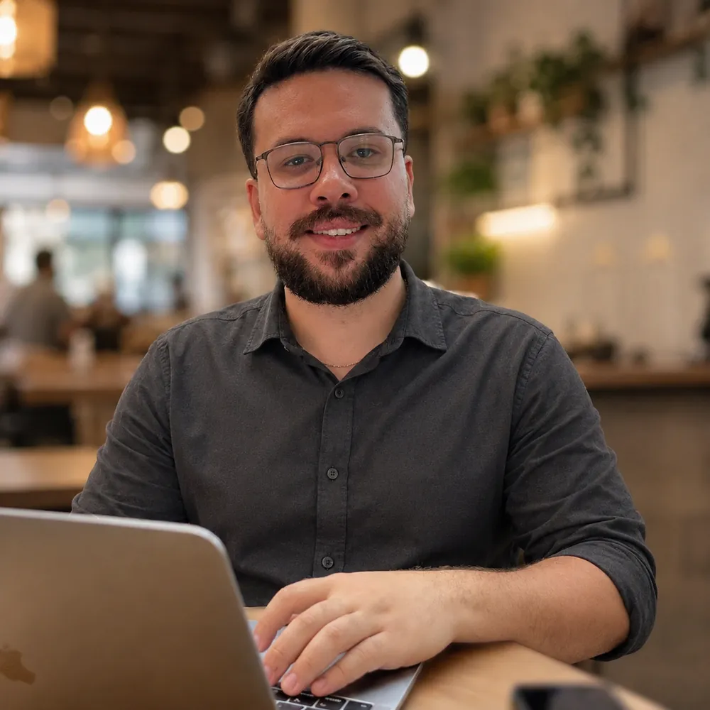 Vinicius Máximo trabalhando no notebook em um café